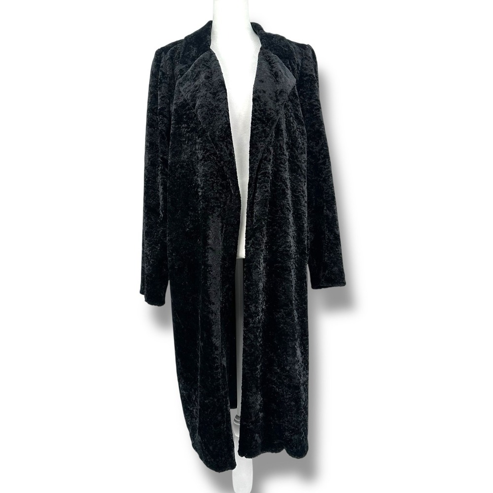 Black Crushed Velvet Long Duster Coat Sz 6 Y2K Goth Boho Phoebe Buffay Inspired